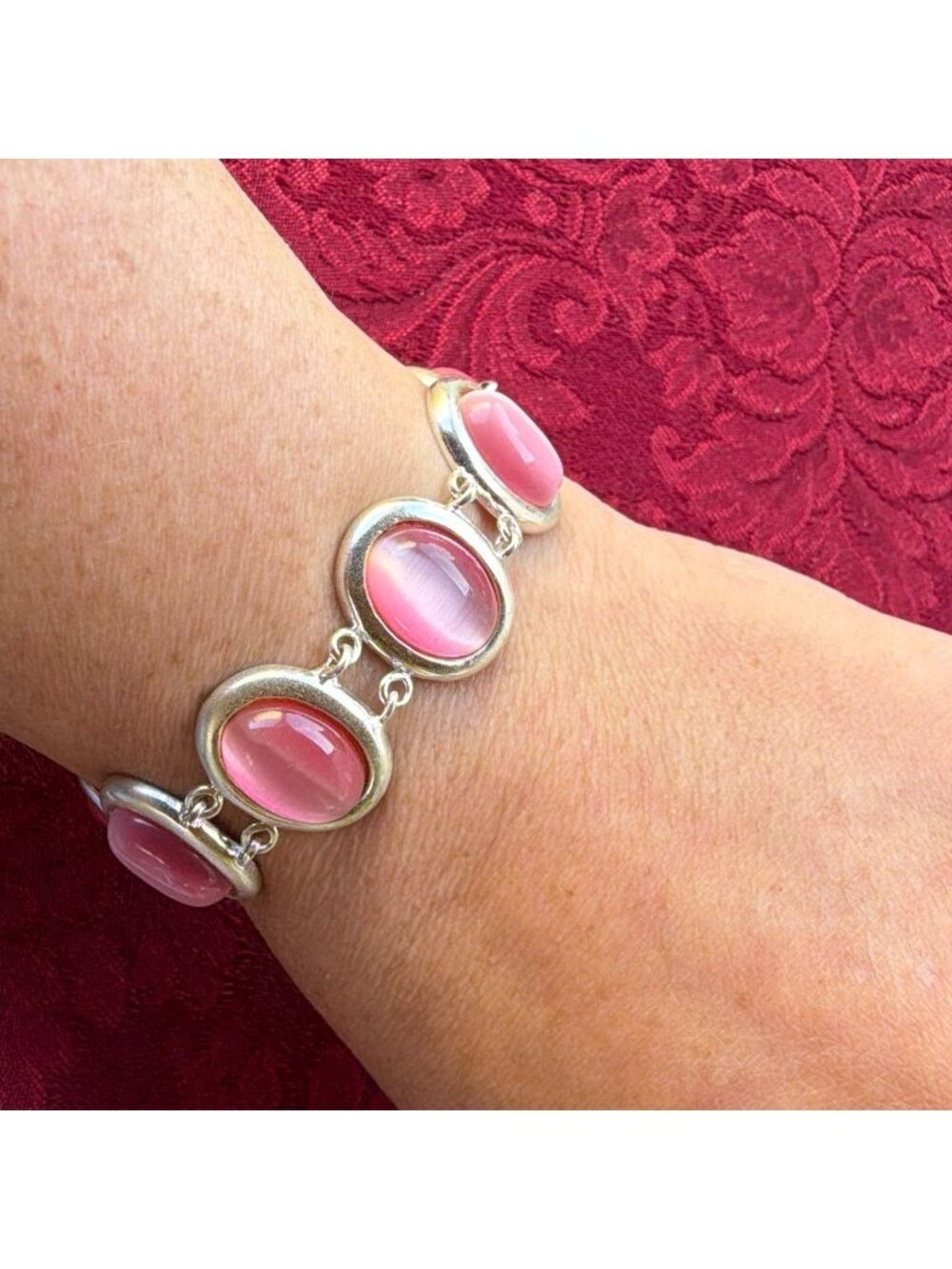 Vintage 925 Sterling Silver Pink Cats Eye Glass Oval Cabochon Link Bracelet